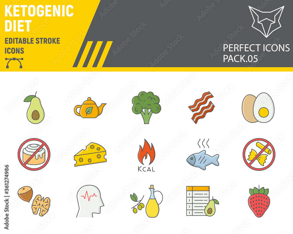Keto diet color line icon set, ketogenic symbols collection, vector sketches, logo illustrations, ketogenic diet icons, food signs colorful linear pictograms, editable stroke.