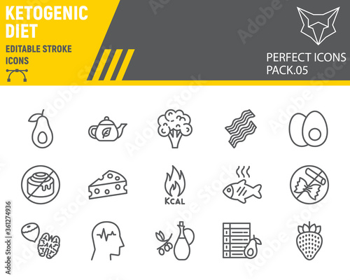 Keto diet line icon set, ketogenic symbols collection, vector sketches, logo illustrations, ketogenic diet icons, food signs linear pictograms, editable stroke.