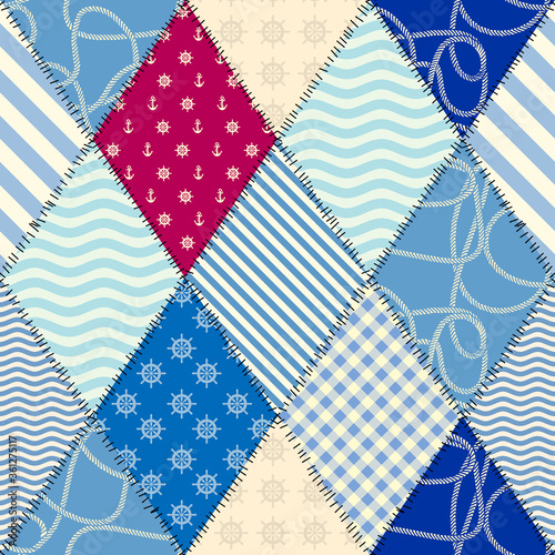 Patchwork seamless pattern in marine style. Vector image.