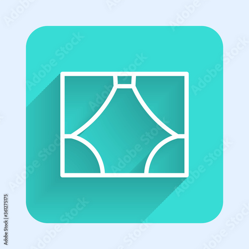 White line Curtain icon isolated with long shadow. For theater or opera scene backdrop, concert grand opening or cinema premiere. Green square button. Vector Illustration.