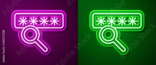 Glowing neon line Password protection and safety access icon isolated on purple and green background. Security, safety, protection, privacy concept. Vector Illustration.