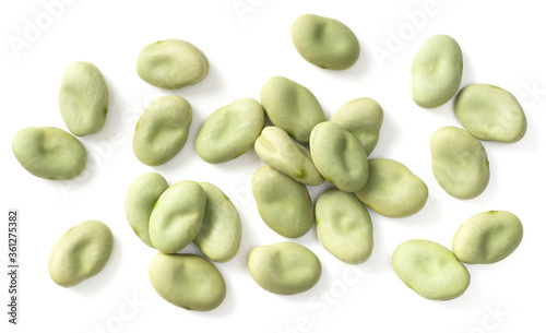 dried green broad beans isolated on white backround, top view