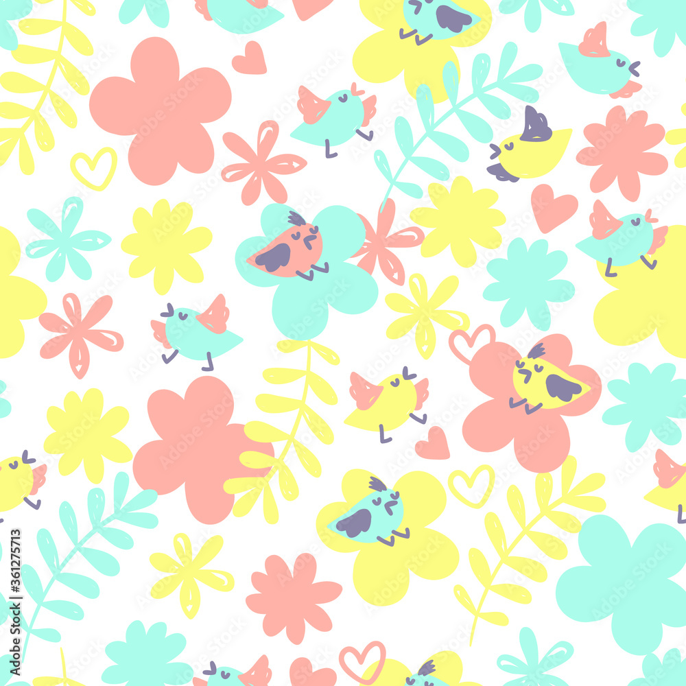  Seamless pattern with cute birds and flowers.