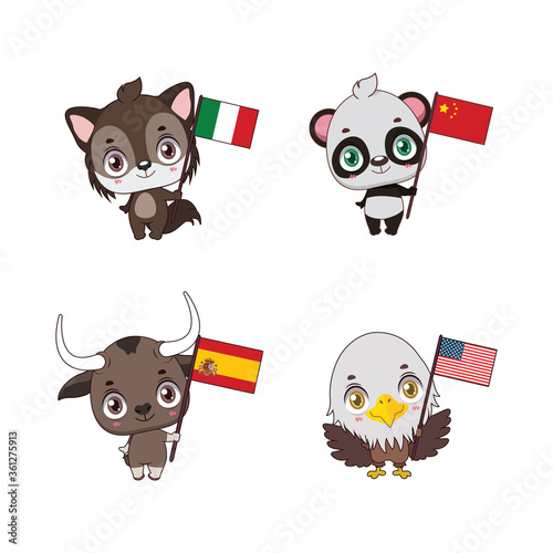 Cute national animals with their country flags
