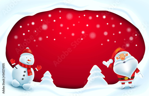 Merry Christmas Frame. Santa Claus and Snowman red color background. Vector Illustration
