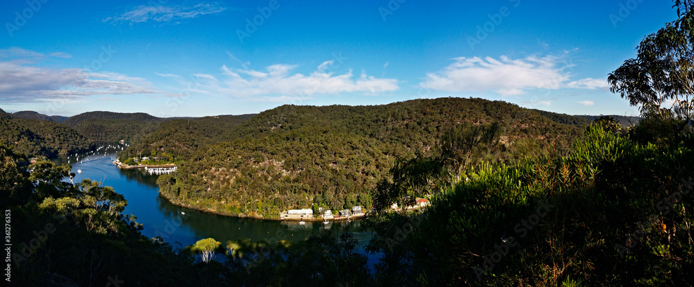 Beautiful morning panoramic view of Berowra Creek from top of a mountain, Berowra Waters, Berowra Valley National Park, New South Wales, Australia