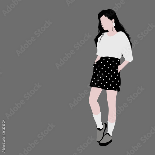 Cute young girl in a white t-shirt, skirt, earrings and sneakers on gray background. Black polka dot skirt. Stylish clothes, fashion. Abstract monochrome sketch. Great for postcards, textiles.