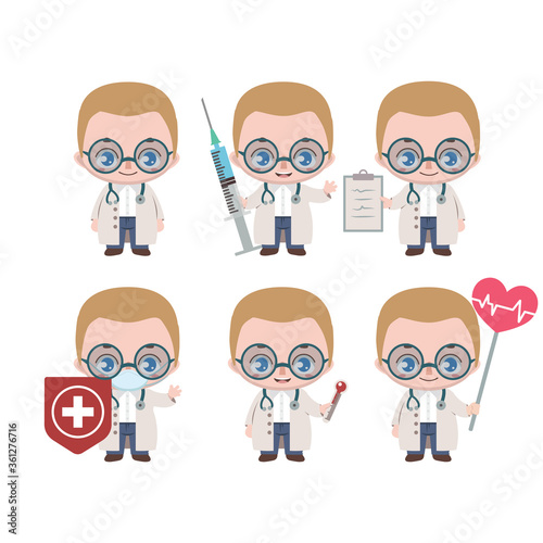 Caucasian male doctor mascot with various poses