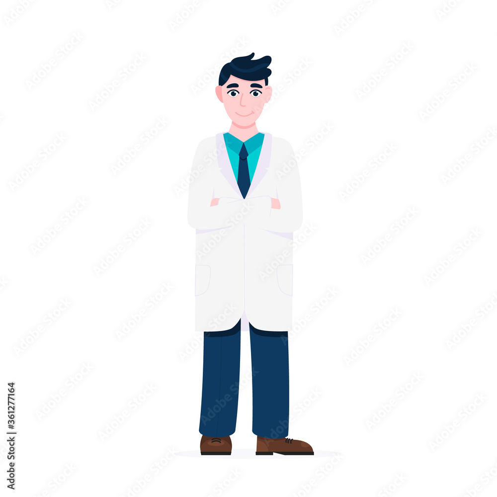 Doctor standing and hold crossing his hands flat style design vector illustration isolated on white background. Medical center hospital employee. Doctor standing and hold crossing his hands flat style design vector illustration isolated on white background. Medical center hospital employee.