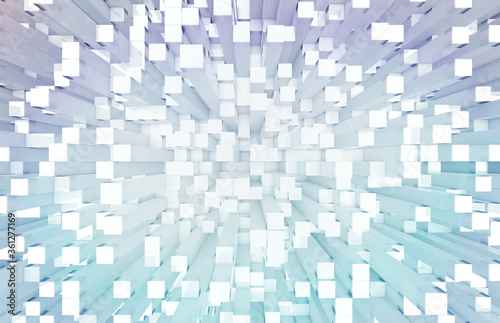 Glowing white and blue squares background pattern 3D rendering