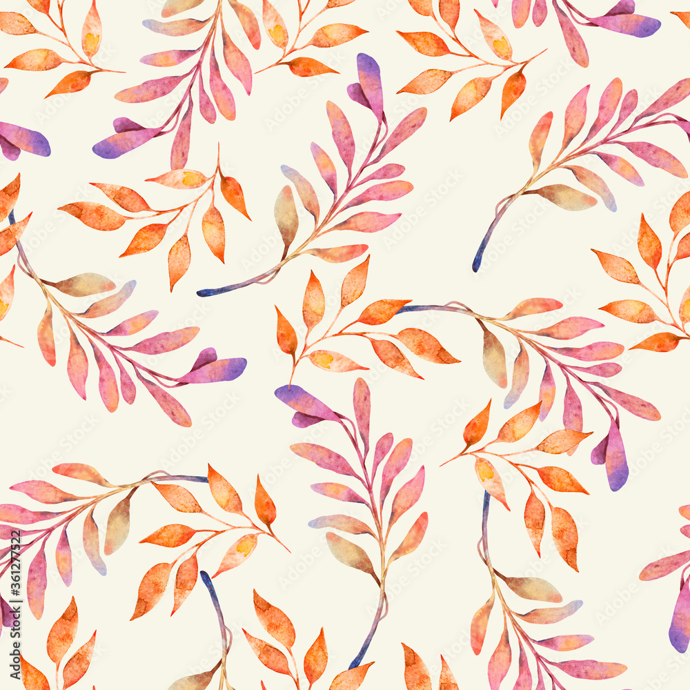 Fototapeta premium Seamless watercolor pattern. Orange, pink twigs on beige background