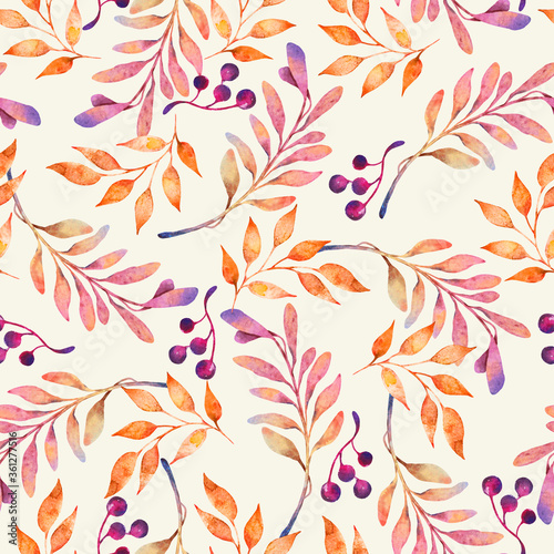 Seamless watercolor pattern. Orange twigs with berries on a beige background