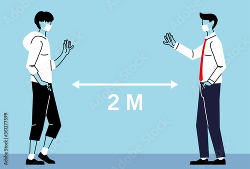 Social distancing between men with masks vector design