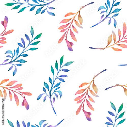 Seamless simple watercolor pattern. Pink and emerald twigs on white background