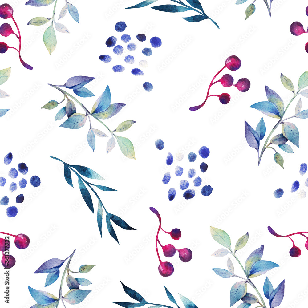 Seamless simple watercolor pattern. Spots of paint, leaves and berries on a white background