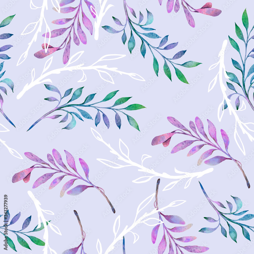Fototapeta Seamless simple watercolor pattern. White, emerald, purple twigs on a gentle purple background