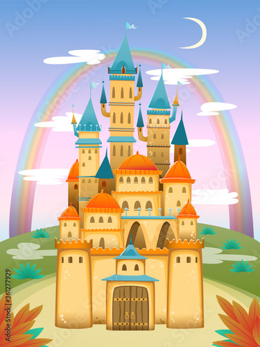 Cute cartoon castle. FairyTale cartoon castle. Fantasy fairy tale palace. Vector illustration.