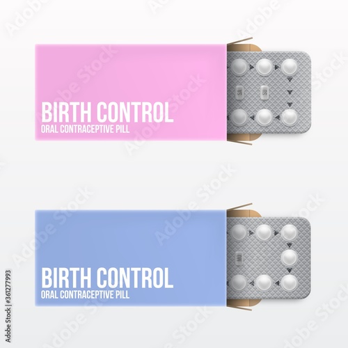 Blue and pink Packaging of birth control pills.