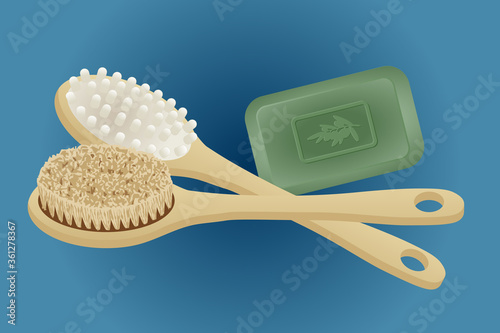 Brosse de dos et de massage pour le bain ou la douche avec un grand manche en bois et un savon biologique naturel à l’huile d’olive.