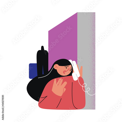 Woman calling police for help with domestic violence at home from husband
