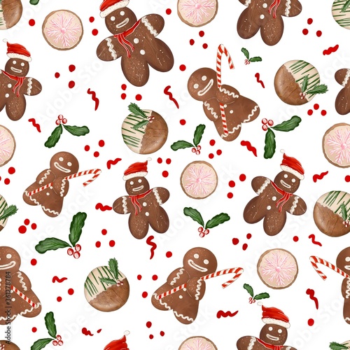 Seamless pattern. Christmas and new year design. White background. Gingerbread man, christmas tree and cookies