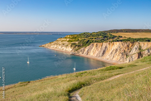 Late summer evening at the Needles.Beautiful landscape from The Needles Isle of Wight,one of the most romantic and iconic places in England,Needles park Isle of Wight