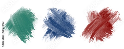 Set of color Brush Strokes. Collection of green, red, blue  stain art background. Isolated on white background. Design elements for banner, poster, cover, brochure, flyer.