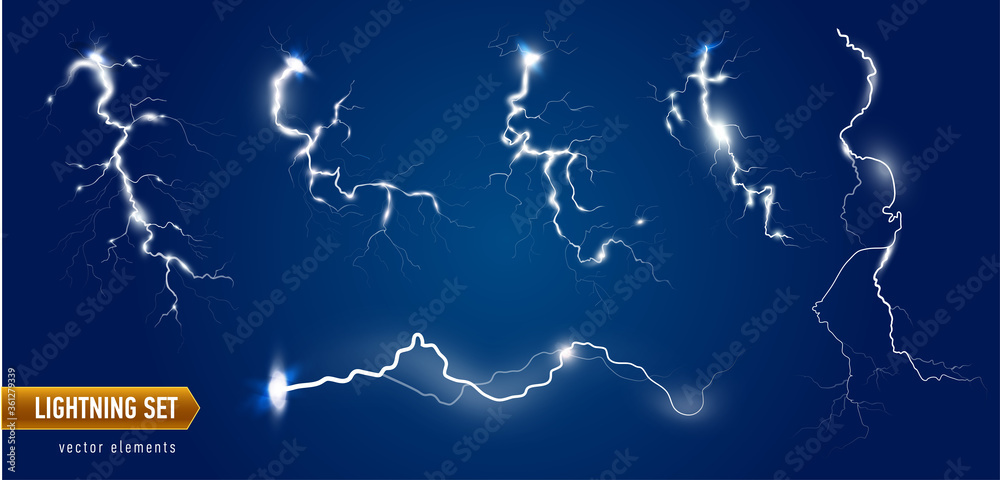 Set of isolated lightning effects on blue background. Thunder-storm magic and bright lightning effect. Realistic vector illustration Set of isolated lightning effects on blue background. Thunder-storm magic and bright lightning effect. Realistic vector illustration