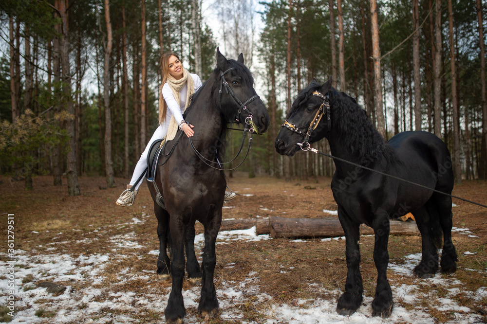 Handsome caucasian woman with fair hair in warm clothes rides with two black horses in winter forest. Handsome caucasian woman with fair hair in warm clothes rides with two black horses in winter forest.