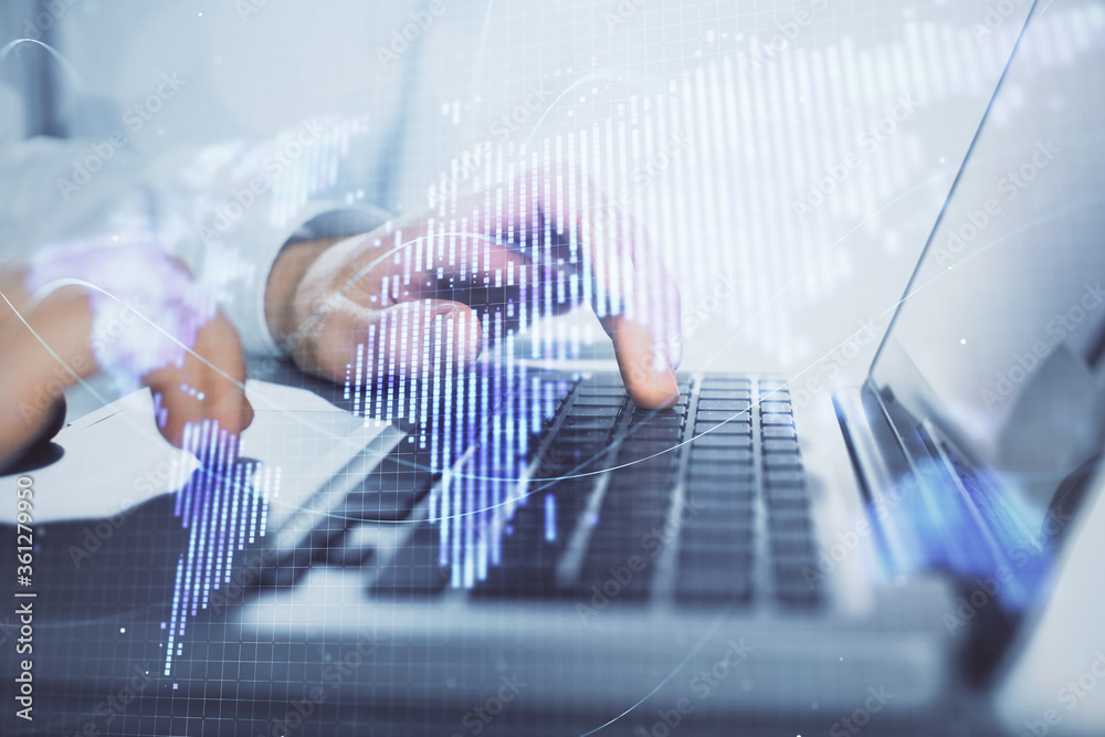 Multi exposure of businessman working on laptop on background. International business hologram in front. Concept of success. Multi exposure of businessman working on laptop on background. International business hologram in front. Concept of success.
