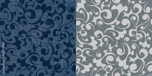 Abstract seamless floral vector double pattern with textural background. Trending and floristic elements of delicate blue and gray shades for the design of textiles, wallpapers, cards, invitations and