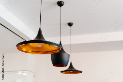 copper chandelier painted black on ceiling. lighting in interior.