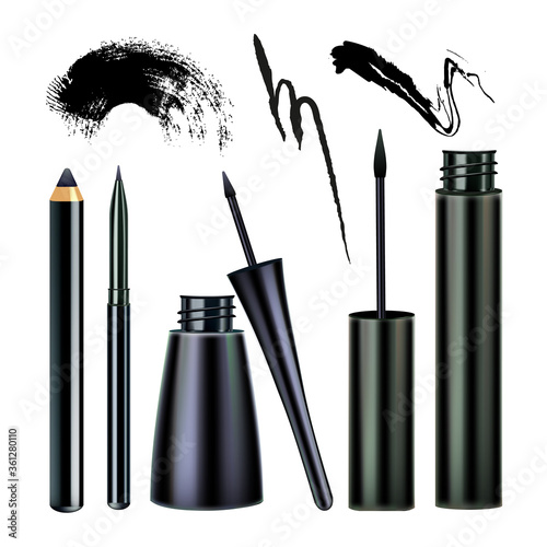 Eyeliner And Paint Stroke Visage Tool Set Vector. Collection Of Eyeliner Pencil, Eyeshadow Marker Bottles And Lines Facial Cosmetics, Cosmetology Visage Accessories. Layout Realistic 3d Illustrations