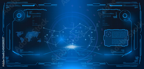 Virtual display for video games. Futuristic virtual helmet with 4D technology mapping. User Interface HUD, GUI, UI. Interface with flying planes on blue techno background