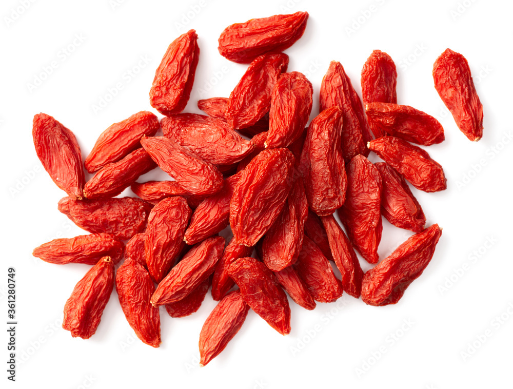 dried Chinese wolfberries isolated on white background, top view dried Chinese wolfberries isolated on white background, top view