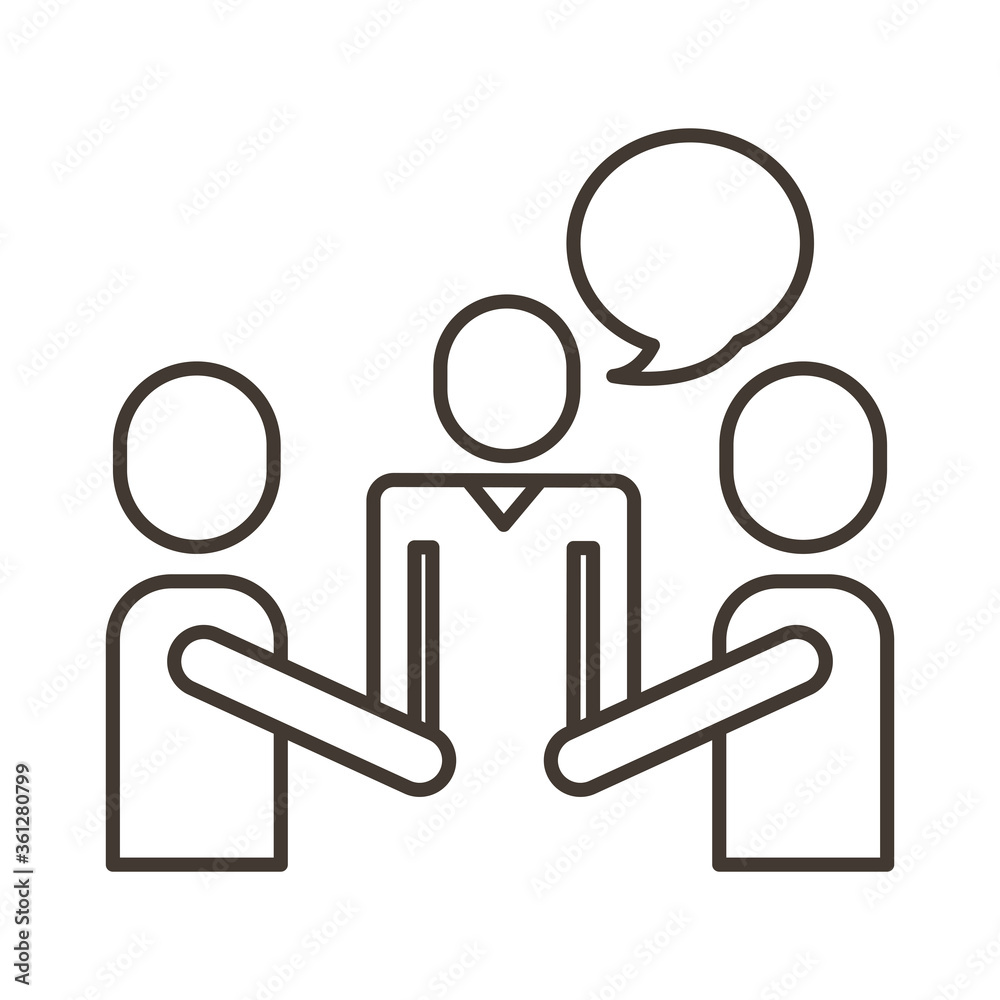 businessmen teamwork figures with speech bubble line style icon businessmen teamwork figures with speech bubble line style icon