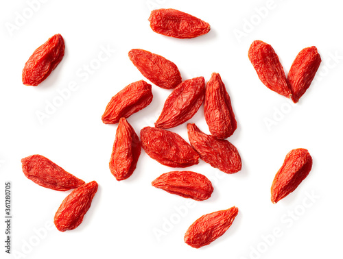 dried Chinese wolfberries isolated on white background, top view