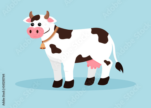 Vector illustration of a cow in the style of children's drawings. Cute cartoon cow illustration. 
Vector illustration in cartoon design style.