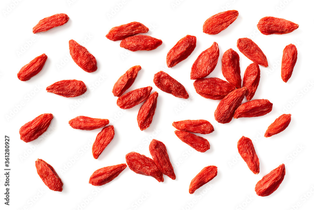 dried Chinese wolfberries isolated on white background, top view dried Chinese wolfberries isolated on white background, top view