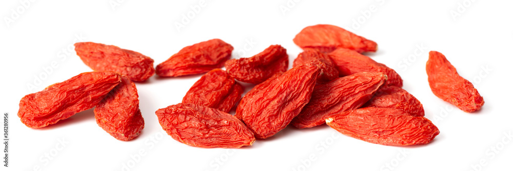 close up of dried Chinese wolfberries isolated on white background close up of dried Chinese wolfberries isolated on white background
