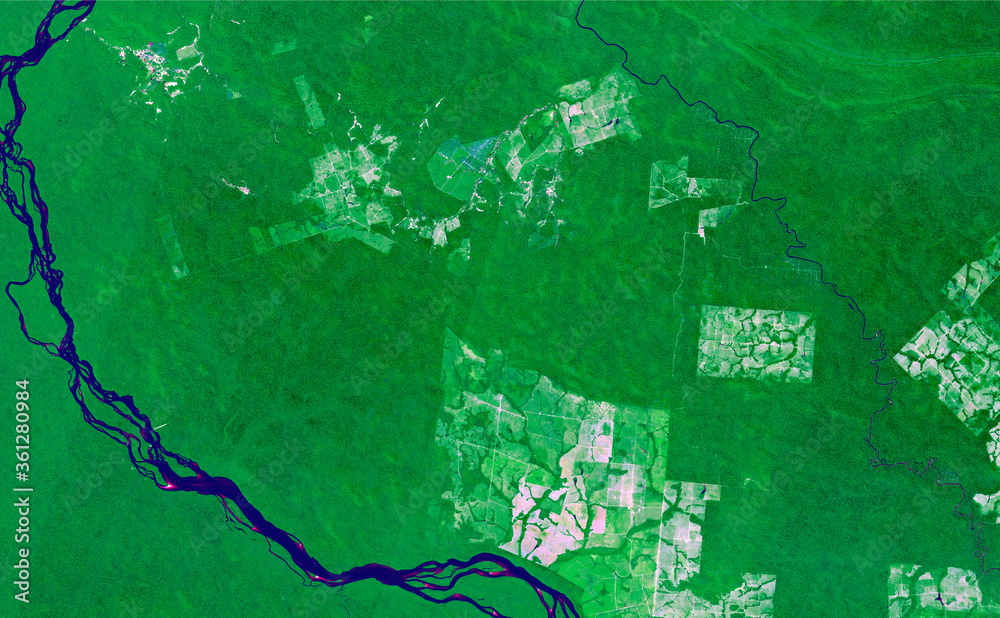 Naklejka premium Aerial view Amazon region. Satellite images of the Lacandon jungle of Brazil in 2020, crops, rivers and jungle are observed. Generated and modified images of the Sentinel sensor.