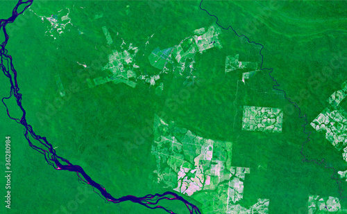 Aerial view Amazon region. Satellite images of the Lacandon jungle of Brazil in 2020, crops, rivers and jungle are observed. Generated and modified images of the Sentinel sensor. photo