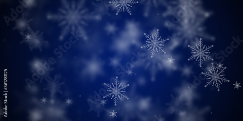 Abstract dark blue background with flying snowflakes