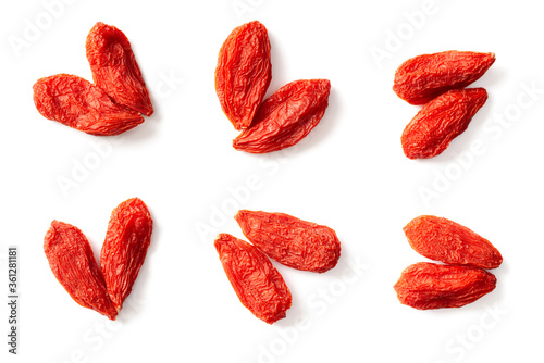 dried Chinese wolfberries isolated on white background, top view