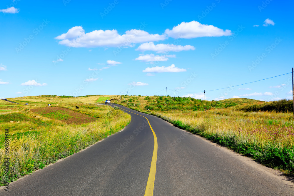 Asphalt road and wind turbines