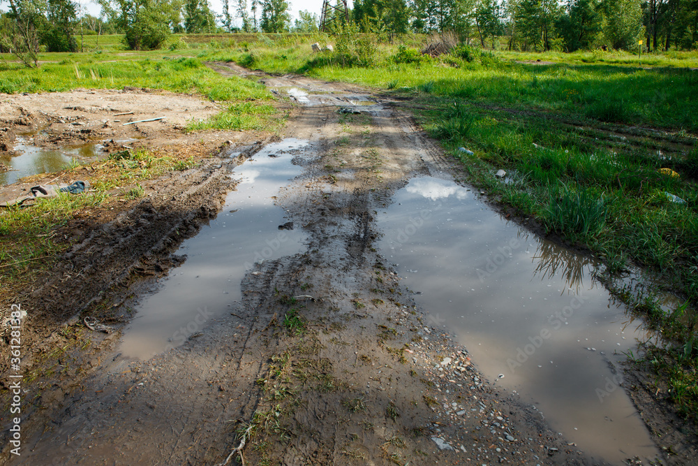 Fototapeta premium The harsh landscape nature and road through the fields for the off-road SUV with puddles and mud. Autumn or spring background. Forest in the background. Rain-washed road, is impassable, slush, mud