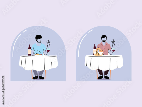social distancing in restaurant, men eating on table, protection and prevention of coronavirus or covid-19