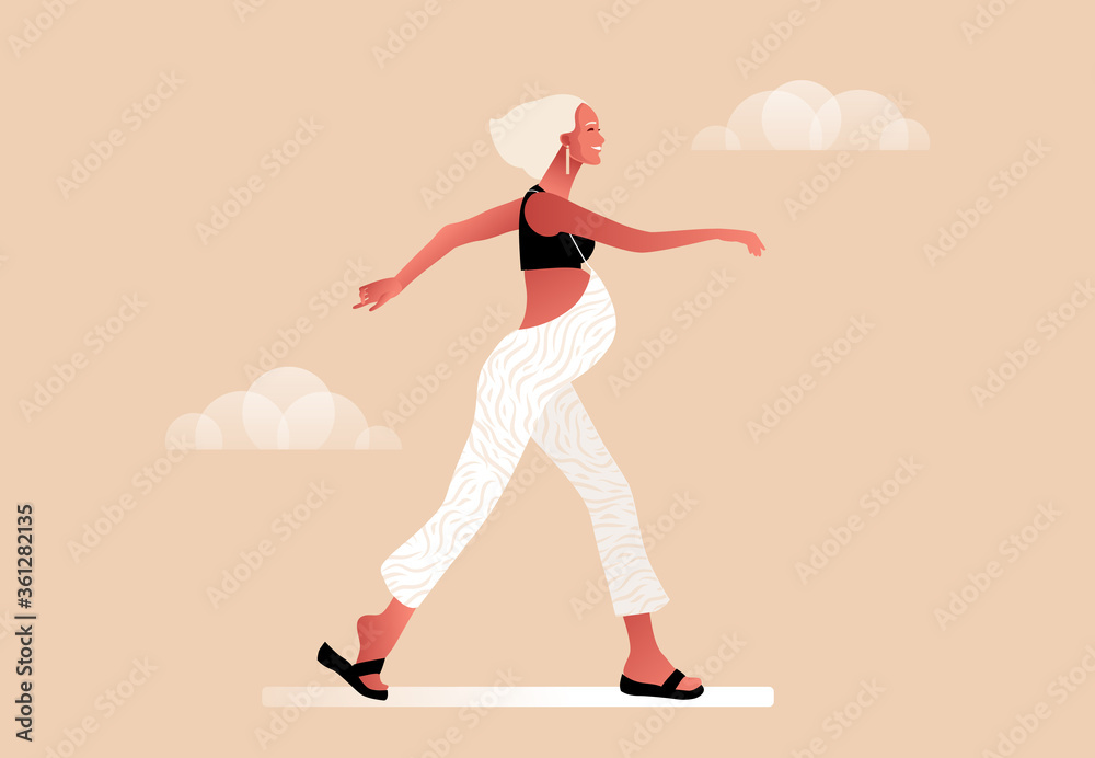 Happy pregnant woman walking. Active well fitted pregnant female character. Happy pregnancy. Yoga and sport for pregnant. Flat cartoon vector illustration