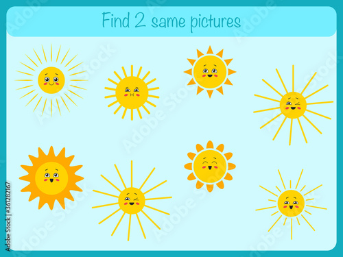 Find the same pictures - children educational game with different cute suns. Vector illustration