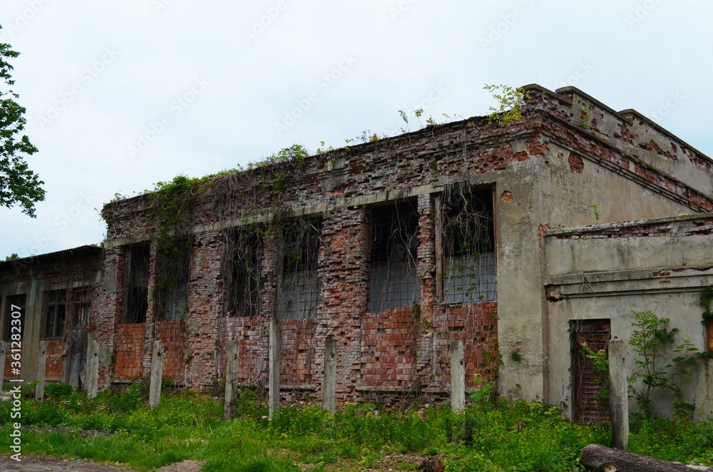 A wall of an old abandoned brick building with broken windows. A wall of an old abandoned brick building with broken windows.